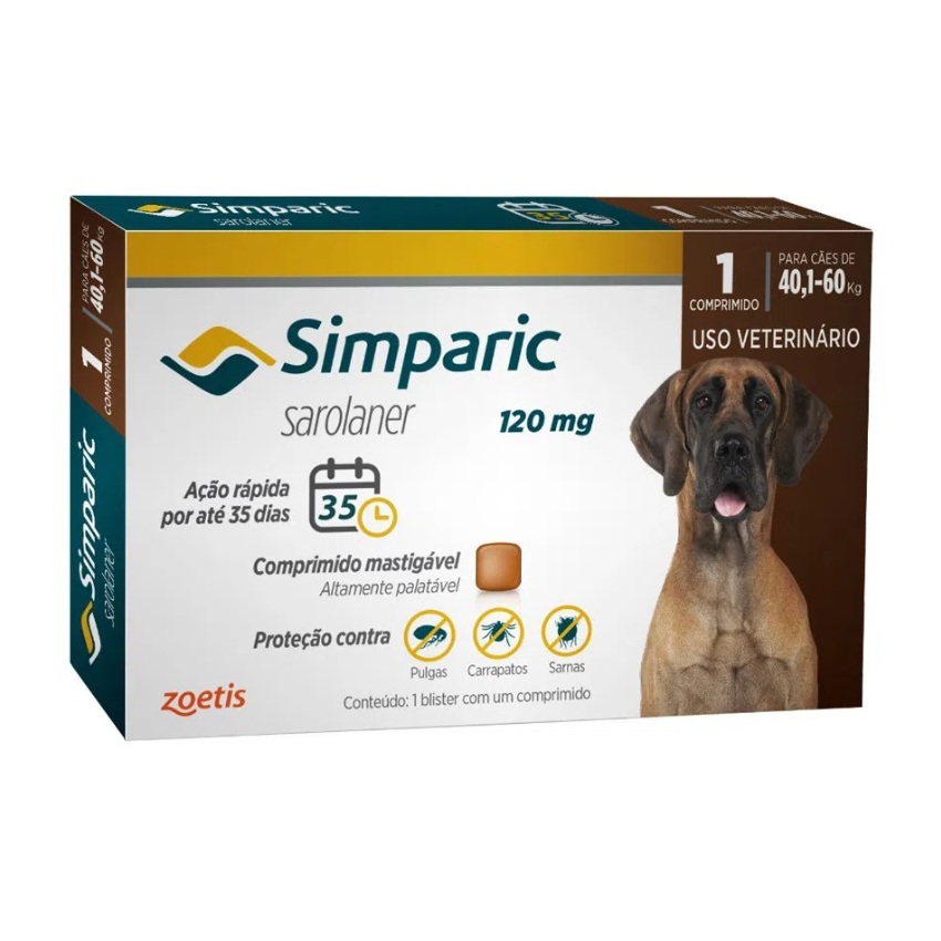 Simparic Antipulgas 120mg para Caes 40,1 a 60kg - 1 Comprimido - Zoetis em Oferta na Shopee