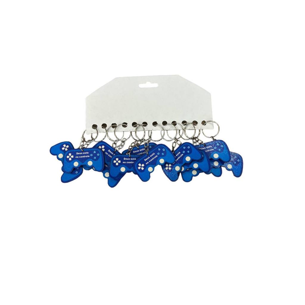 24 chaveiros MDF controle Deus no controle game azul com mensagem