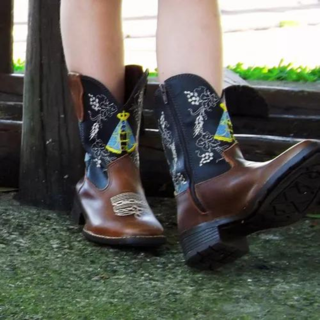 Bota Texana Nossa Senhora Aparecida Bordada Botina Country Infantil Couro Legítimo Mirim Lançamento