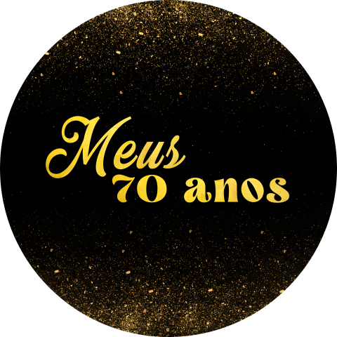 Painel Festa Infantil Redondo Meus 70 Anos com Pingos Dourados, Fundo Preto + Arco, Suporte incluso. Fazemos personalizado com qualquer tema. Confeccionado em Lona fosca, impressão de alta resolução. cenário Circular p/ Decoração