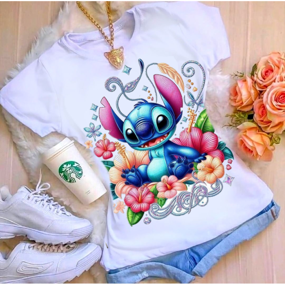 Camiseta Stitch Flor Personalizada