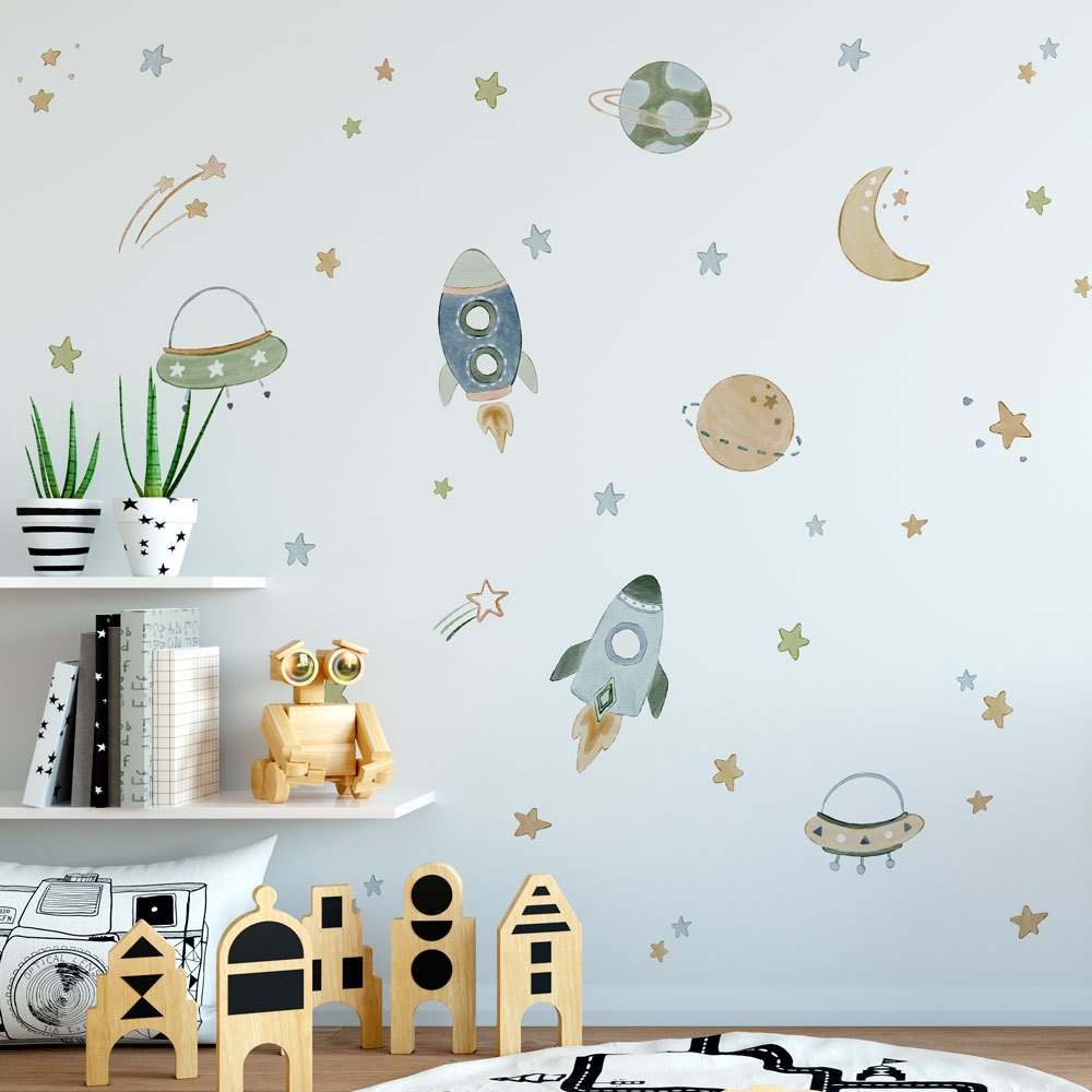 Adesivo de Parede Infantil Aquarela: Foguetes e Estrelas em Oferta na Shopee