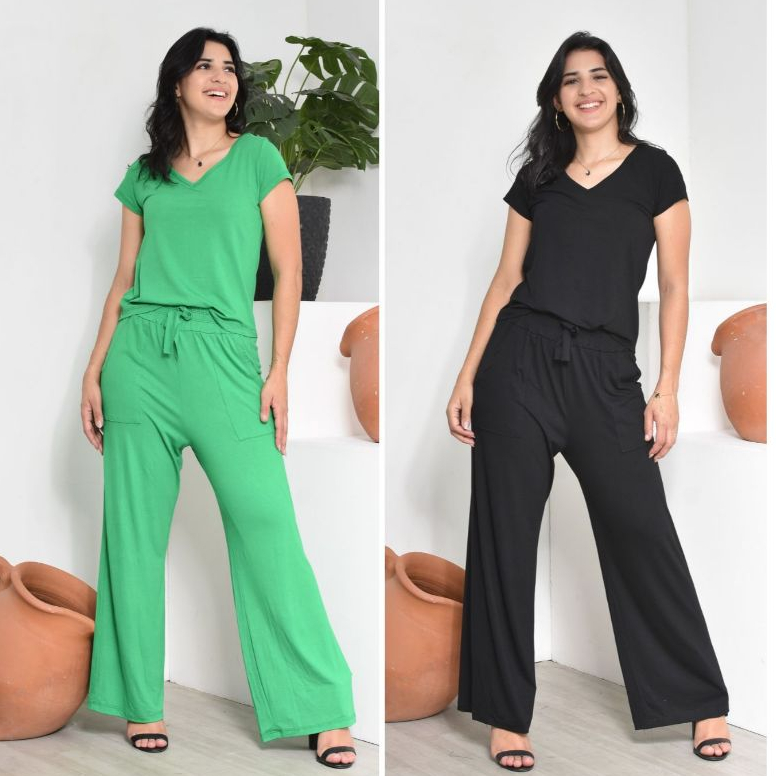 Kit 2 Conjuntos Feminino Básico Casual Pantalona Cintura Alta  E Blusa em Viscolycra