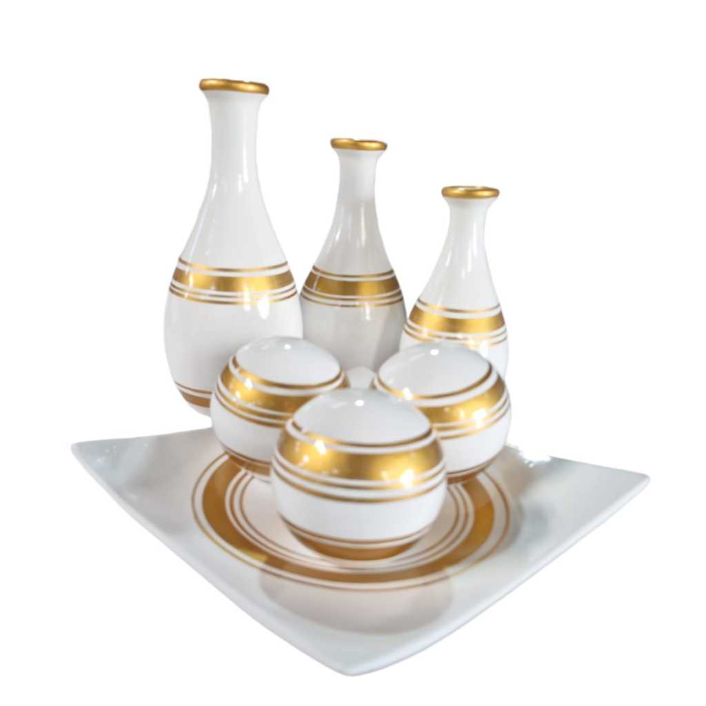 Conjunto Vasinhos Ceramica Fruteira E Trio Sla Nicho Brilhante Detalhes Promoção