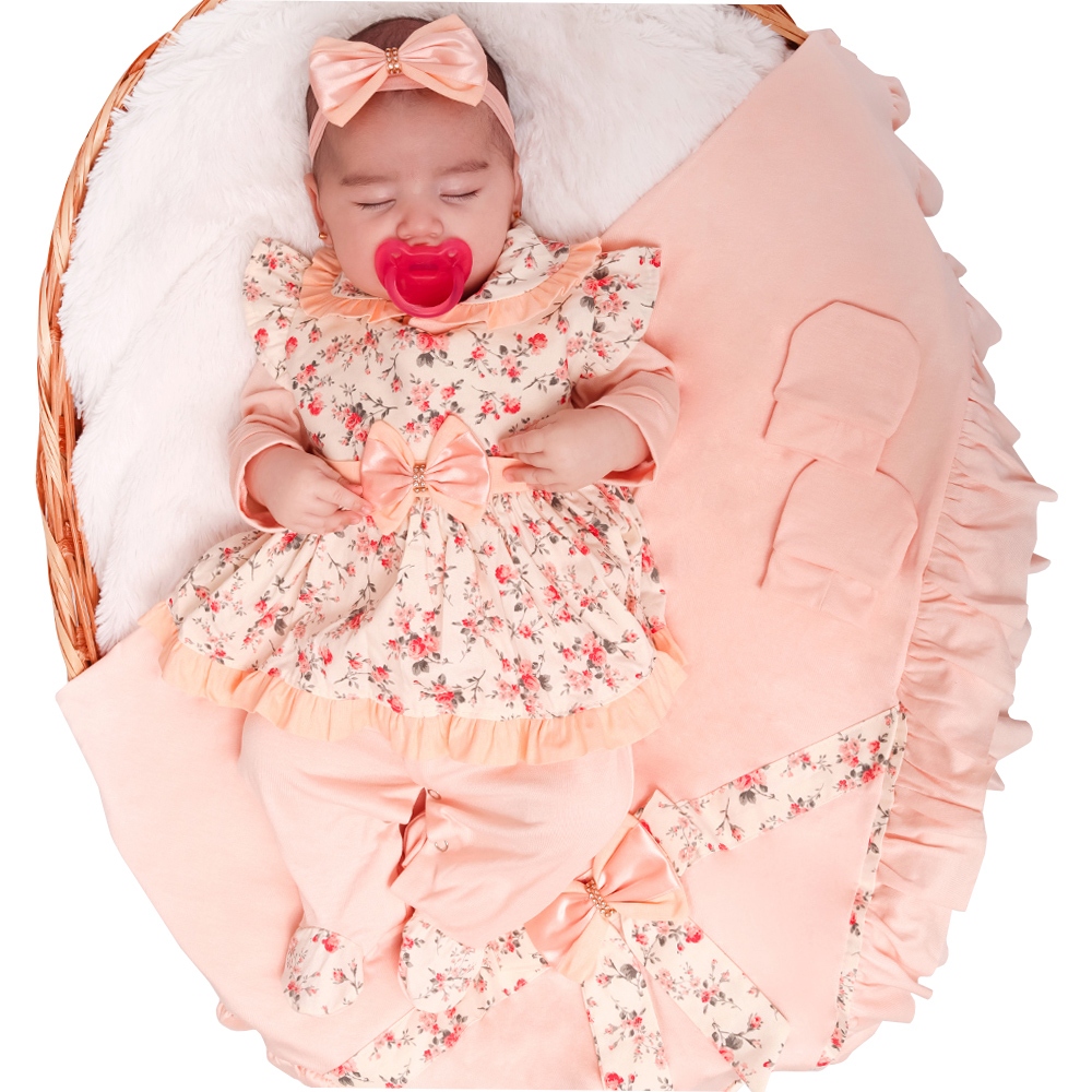 Saída de Maternidade Menina Amora Floral Salmão 05 Peças