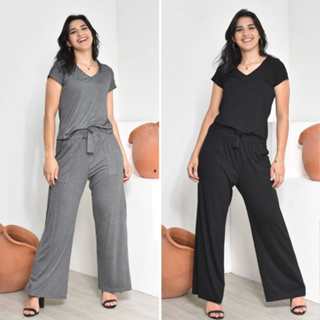Kit 2 Conjuntos Feminino Básico Casual Pantalona Cintura Alta  E Blusa em Viscolycra em Oferta na Shopee
