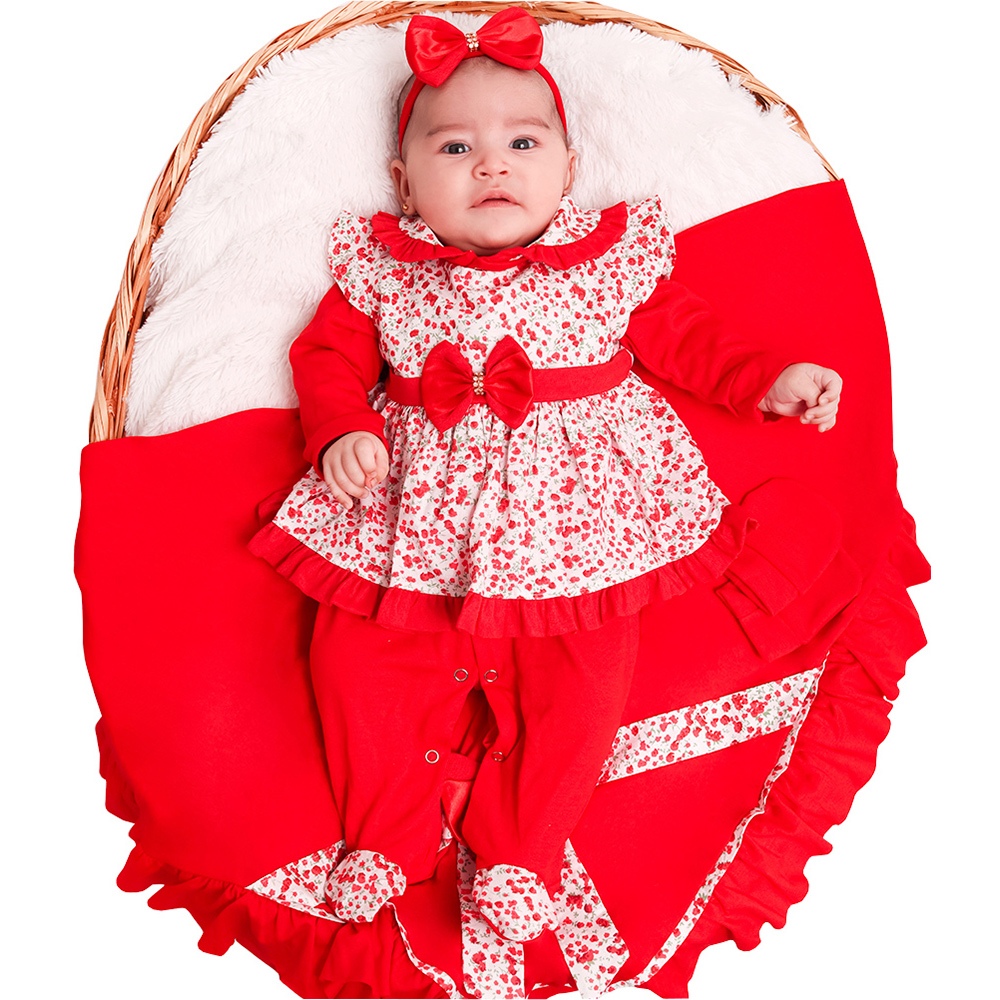 Saída de Maternidade Menina Amora Floral Vermelho 05 Peças