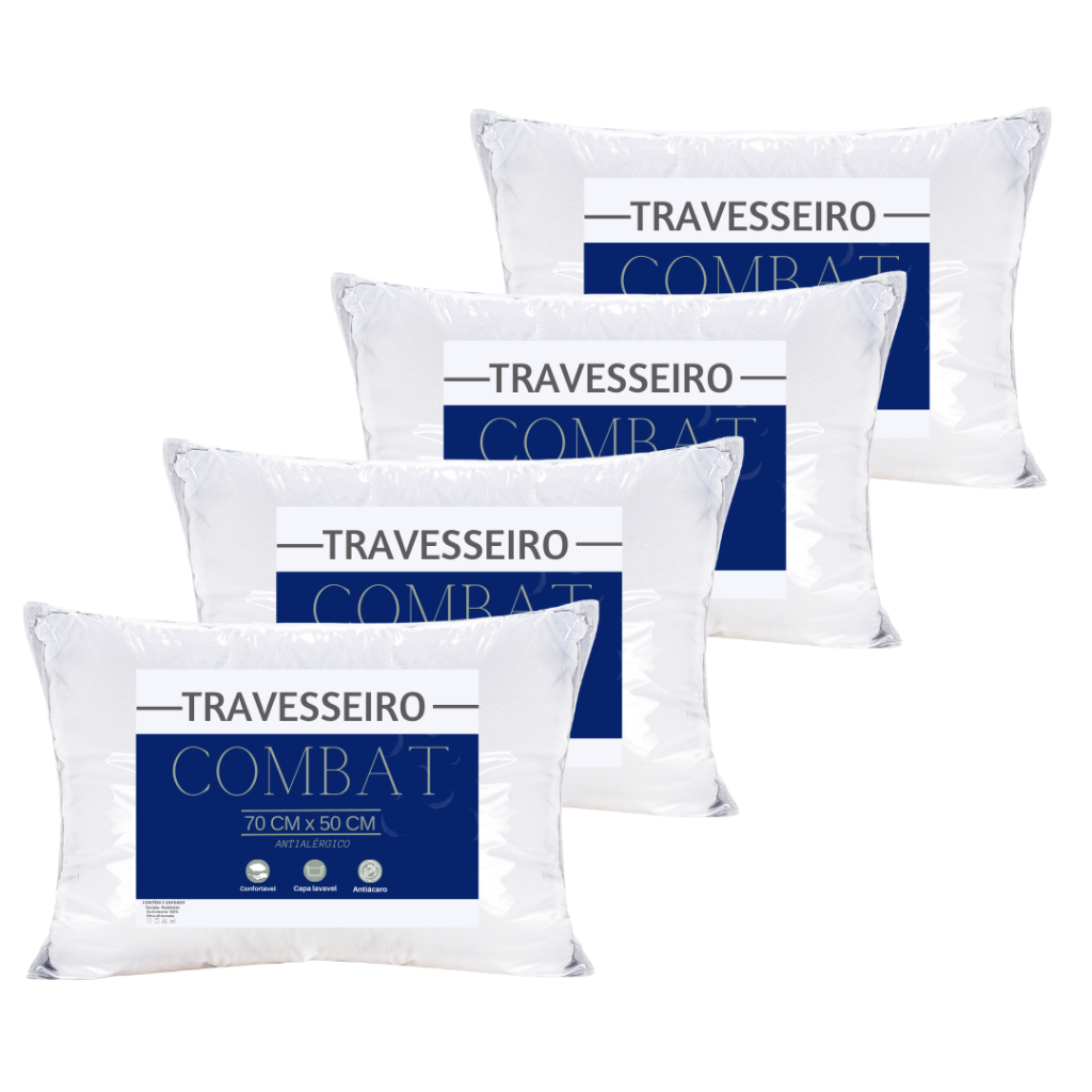 Kit 4 Travesseiros COMBAT 70x50 base firme Antialérgico