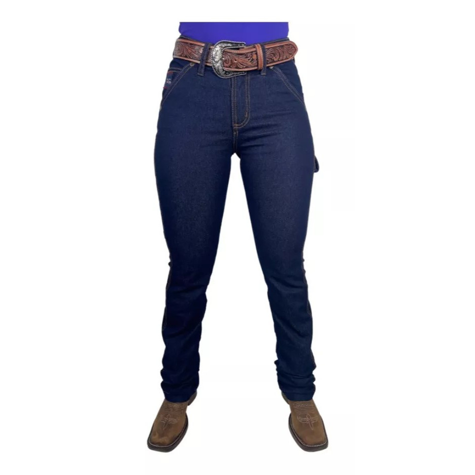 Calça Jeans Feminina Country Carpinteira Os Boiadeiros Oficial Azul Amaciada