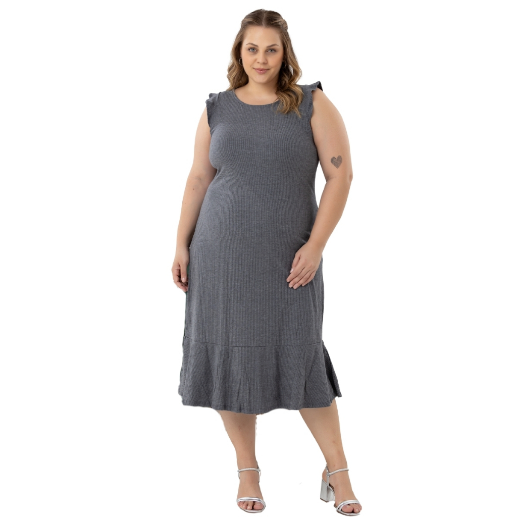 Vestido Midi Over Casual Babados Ombro e Barra Ribana Canelada Moda Verão Plus Size Tendência 21923A