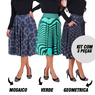 Kit 3 Saias Godê Plissada Moda Feminina Evangelica em Oferta na Shopee