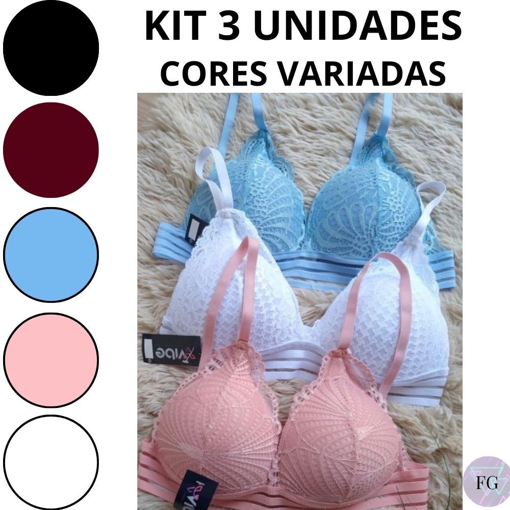 Kit 3 Sutiã Sem Aro Com Bojo de Renda Cós Elástico Lingerie Confortável Verão Fabricação Própria