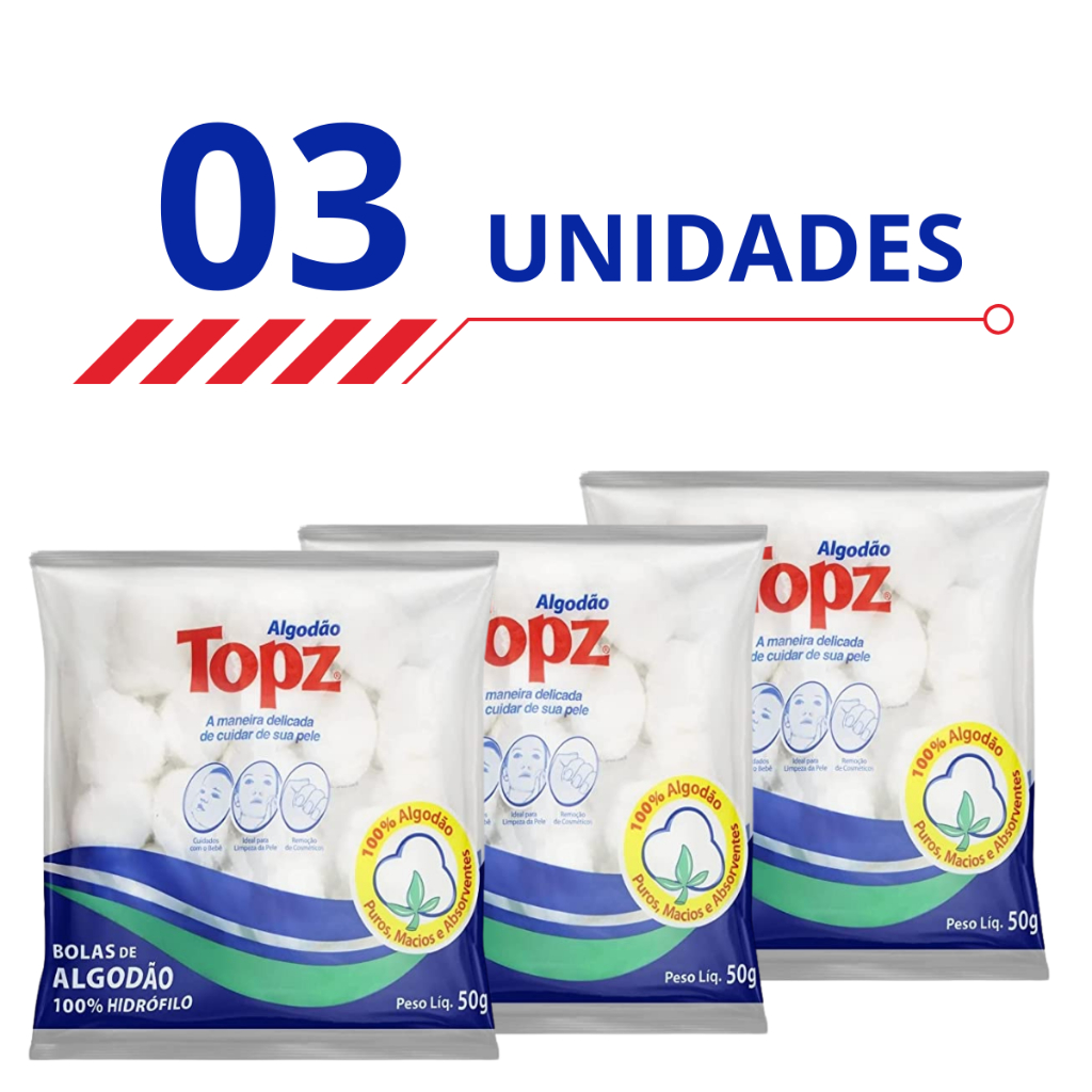 Kit 3 Algodão Topz em Bolas Hidrófilos Puros Macios e Absorventes 50g