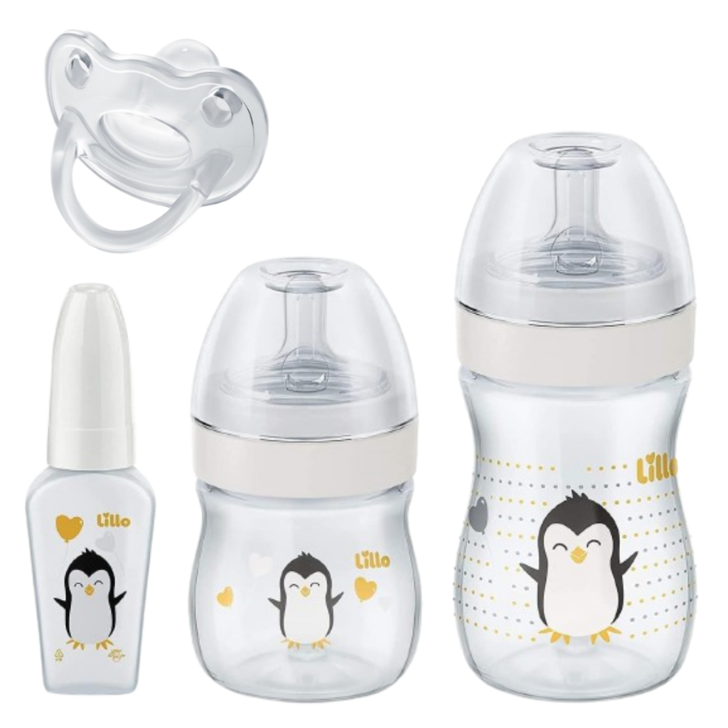 Kit 3 Mamadeiras Lillo Bico Reto com Chuquinha e Chupeta Ortodôntica 0-6 meses 100% Silico...