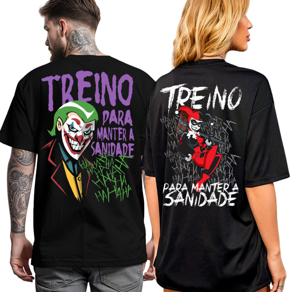 Camiseta Kit Casal Coringa + Arlequina Moda Academia Camisa Basica 100% Algodão