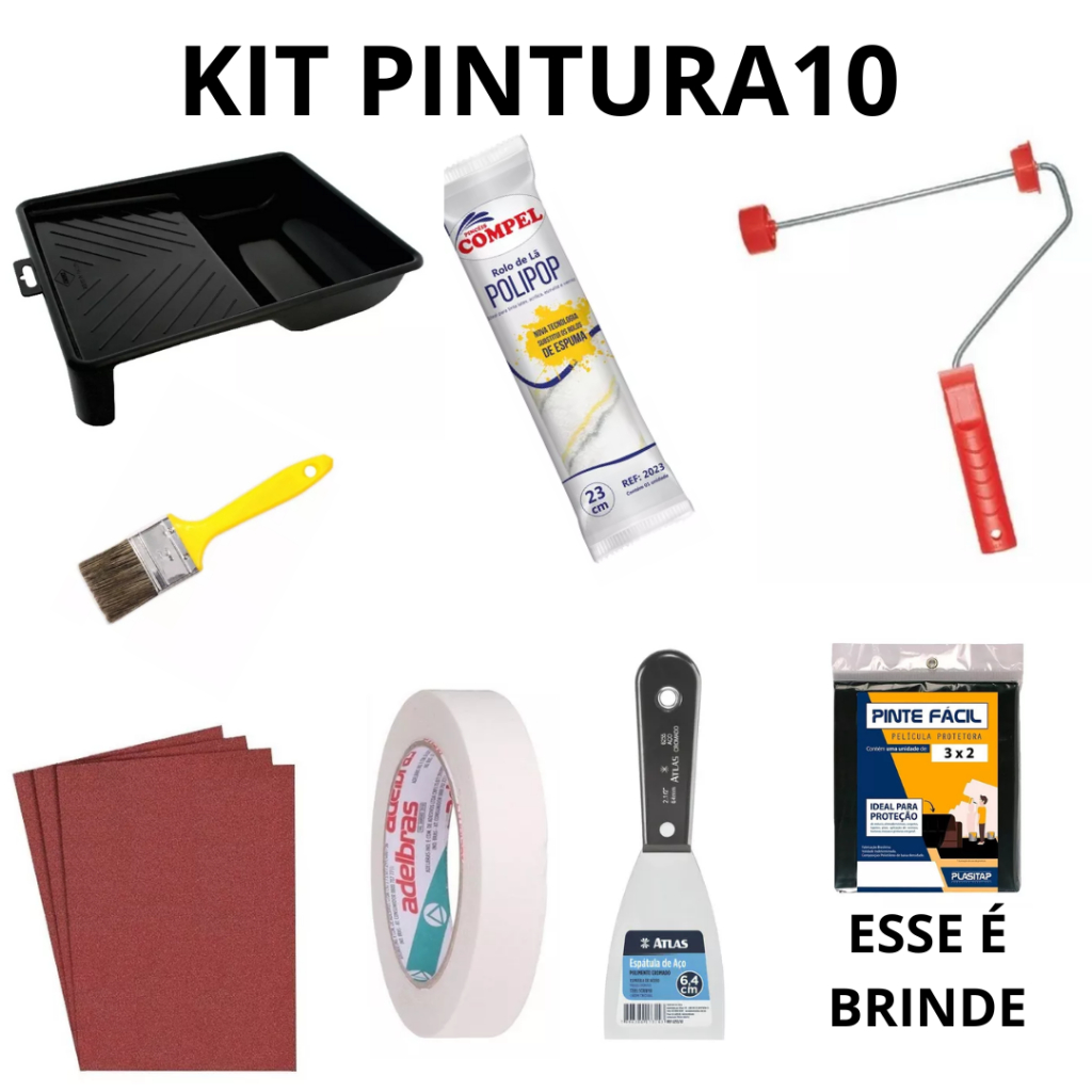 KIT PINTURA 9 ITENS: BANDEJA, 3 LIXAS , FITA CREPE, TRINCHA, ROLO DE LÃ, CABO, ESPATULA  + LONA PLASTICA DE BRINDE