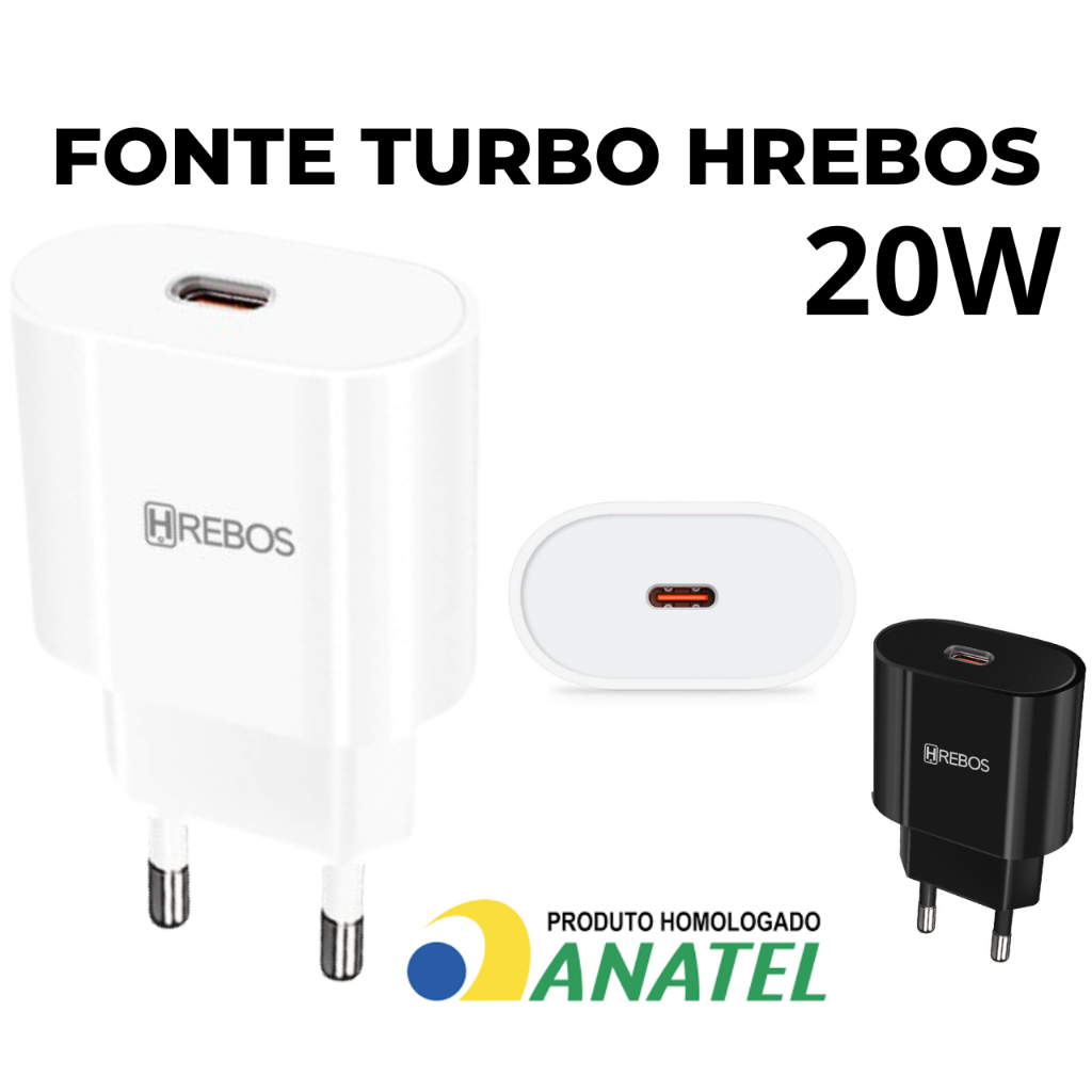 Fonte Carregador Tomada Tipo C Premium Turbo Hrebos 20W Original Anatel