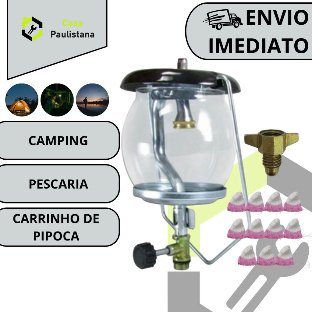 Lampiao A Gas Vidro Para Camping Barraca Pesca Com Camisinha