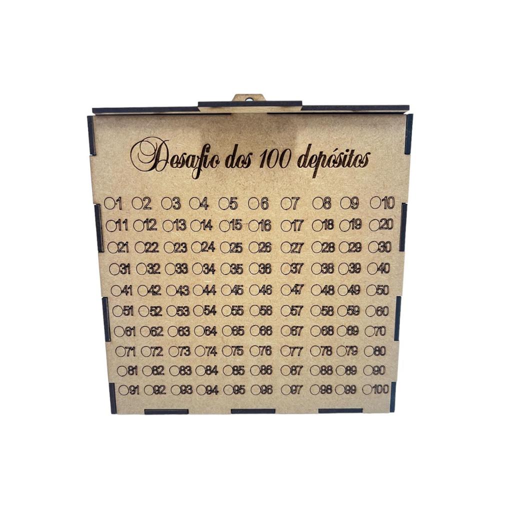 CAIXA DE 5 MIL DESAFIO DOS 100 DEPOSITOS EM MDF CRU. GUARDE 5 MIL REAIS COM ESTE COFRE COFRINHO PRESENTE LEMBRANCINHA COFRE DESAFIO JUNTE