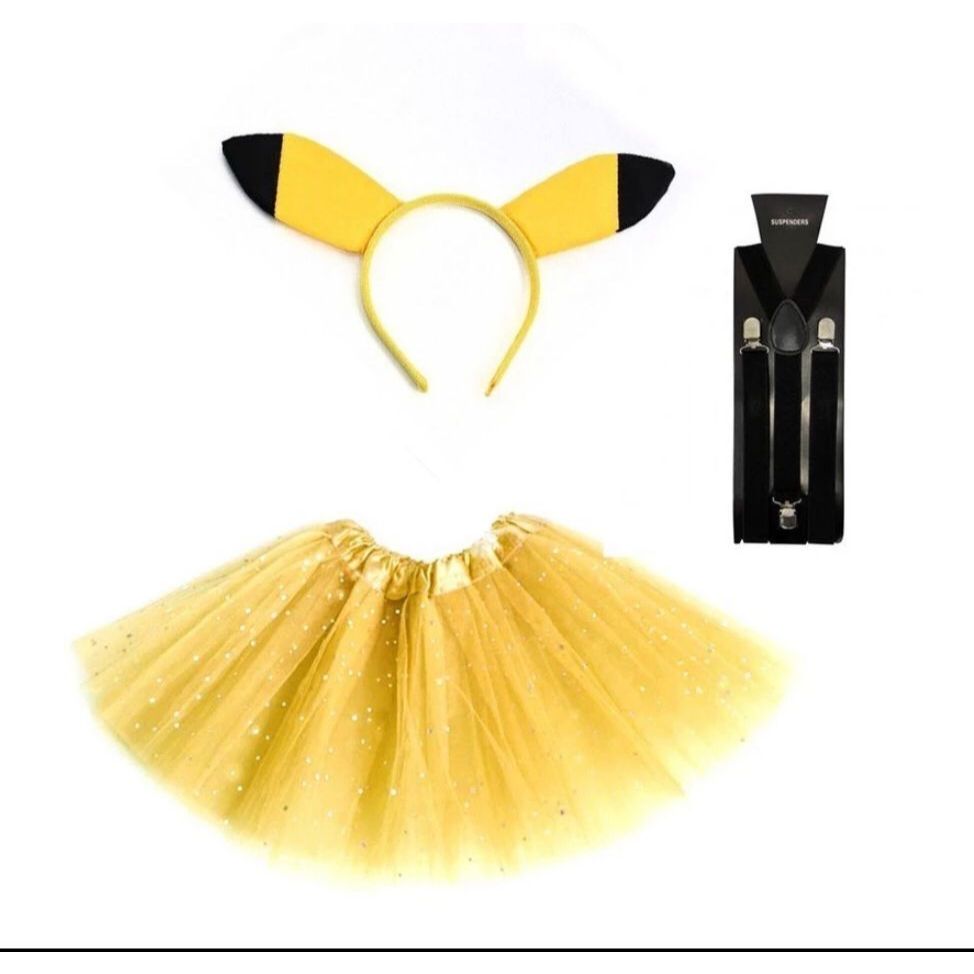 Kit Fantasia Anime Saia Orelha e Suspensório - Cosplay - Halloween - Pikachu - Carnaval