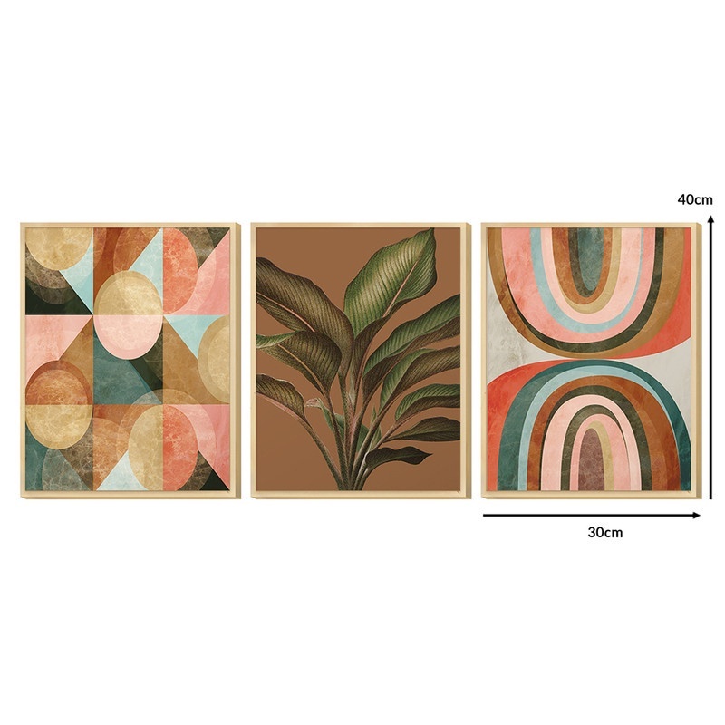 Kit 3 Quadros Decorativos para Cozinha ou sala 40x30 Plantas Formas Coloridas Geométrico Tons Marrom