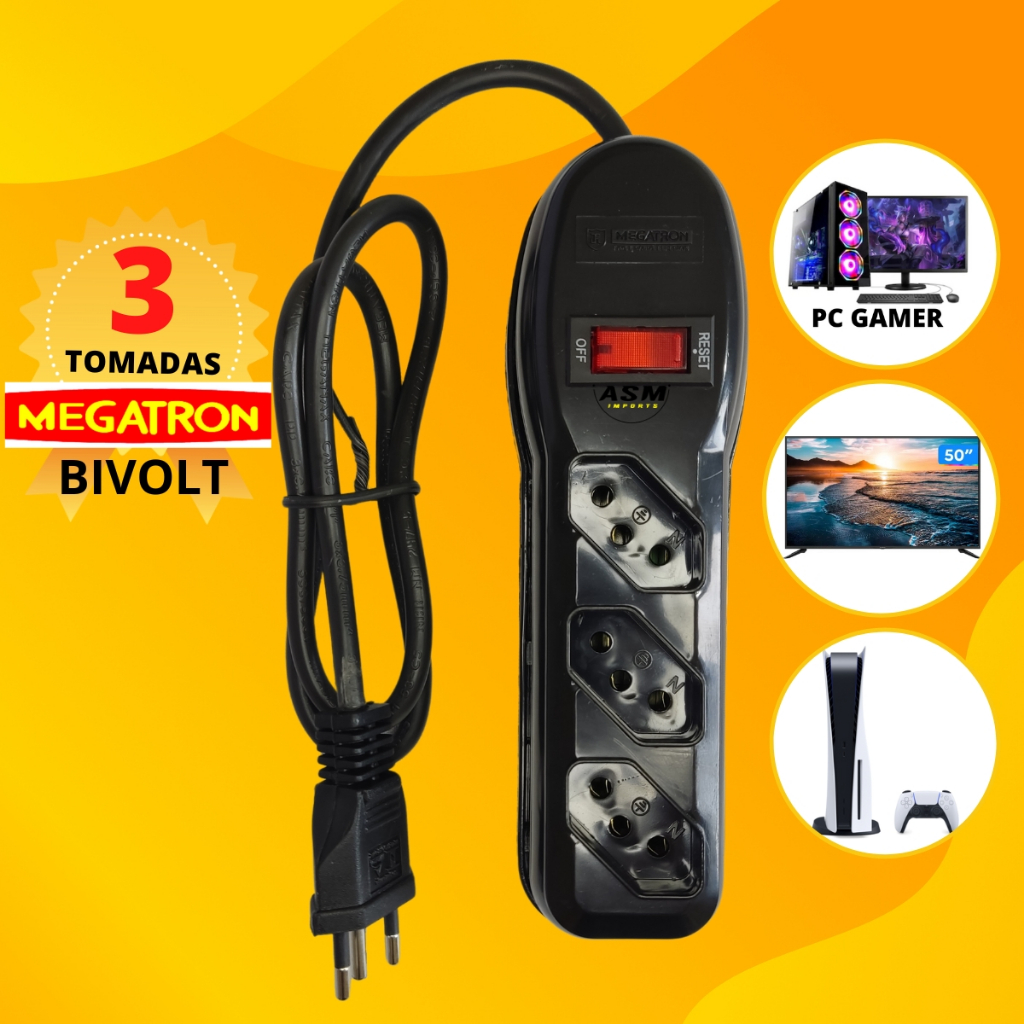 Filtro de linha 3 Tomadas Bivolt 10A Megatron Regua Eletrica com 1metro de Cabo Tripolar