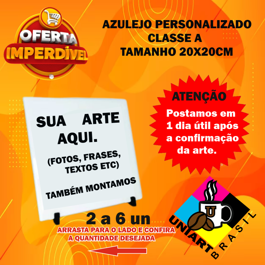 Kit 2 a 6 Azulejo personalizado com foto tamanho 20x20cm - COM SUPORTE em Oferta na Shopee
