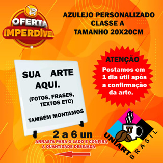 Kit 2 a 6 Azulejo personalizado com foto tamanho 20x20cm - COM SUPORTE em Oferta na Shopee