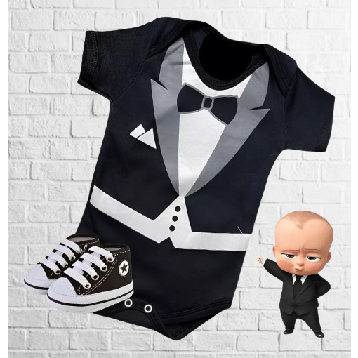 Kit Roupa Body Bebê Temático Poderoso Chefinho Mesversário + Tênis