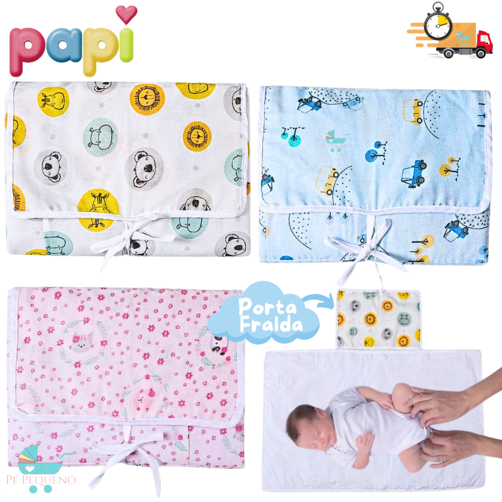 Trocador de Fralda Impermeável Portátil com Porta Fralda e lenços – enxoval higiene bebe