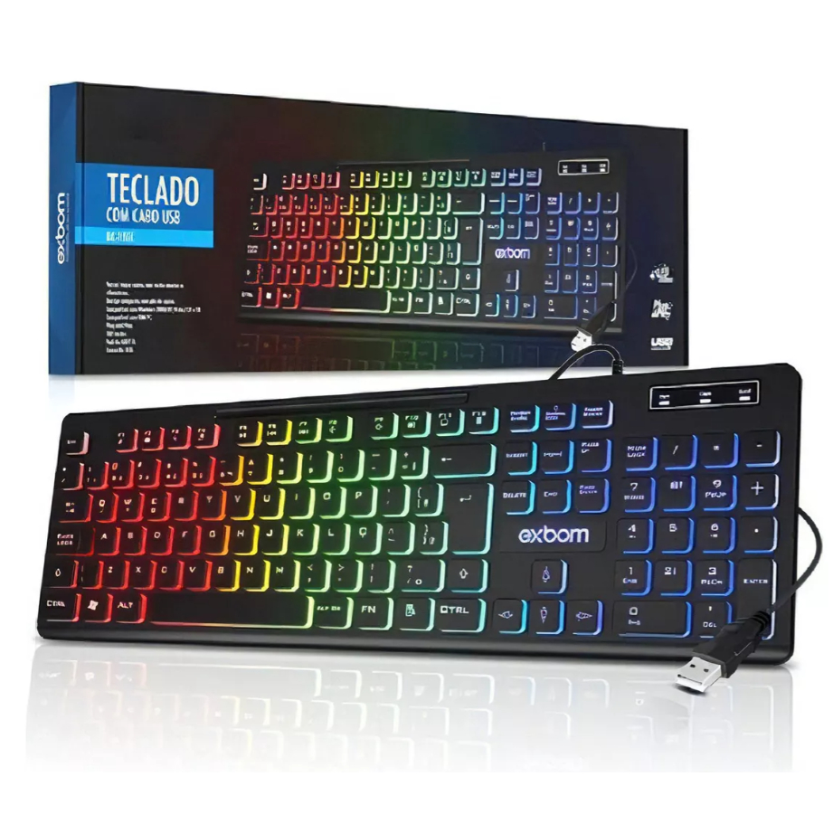 Teclado Gamer Slim Silencioso Led Rgb Abnt2 Usb Pc Cor de teclado Preto