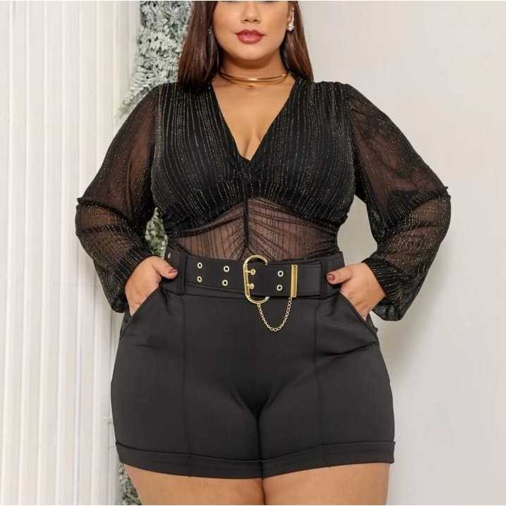 Short PLUS size com CINTO corrente com BOLSOS Alta Elasticidade neoprime