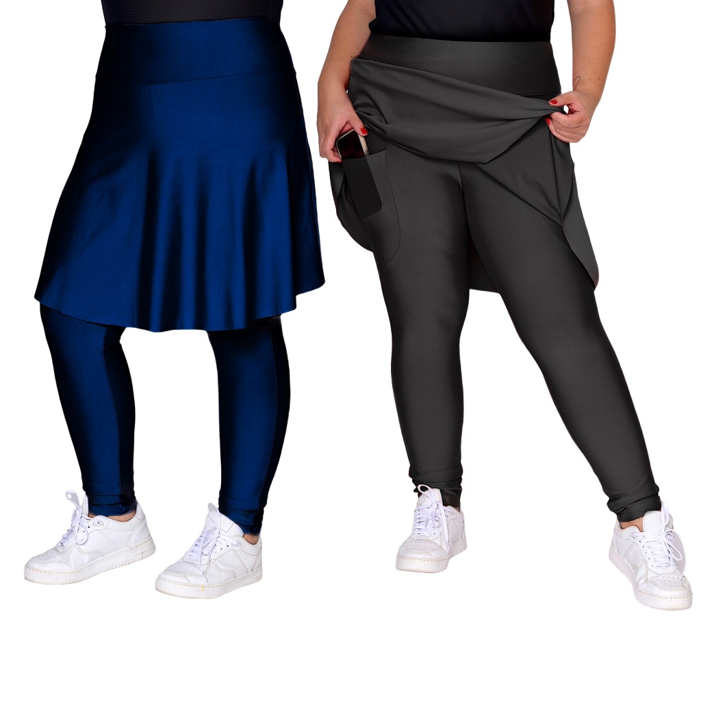 Calça Saia Legging Com Bolso Preta Roupa Para Academia  Plus Size Fitness Em Suplex