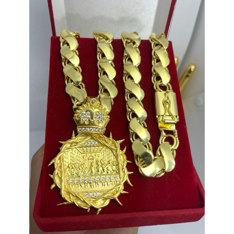 cordao de moeda antiga com pingente Jesus Santa Ceia Corrente Friso S De moeda Antiga Pura