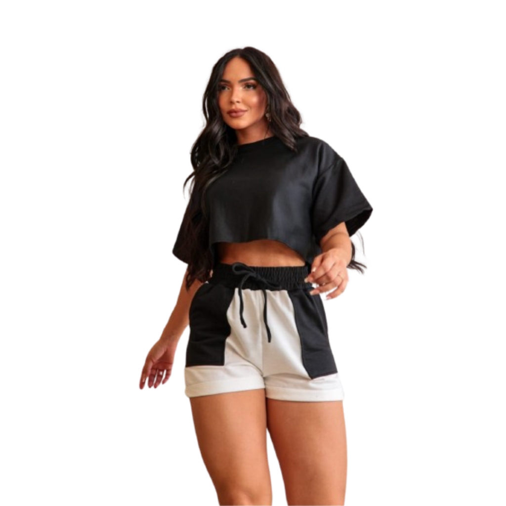 conjunto moletinho feminino camiseta cropped short moletom feminino