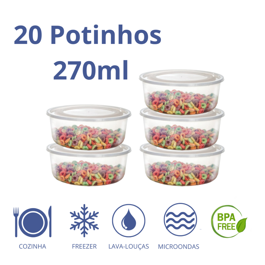 Jogo 20 Potes Mini 270ml Redondo com Tampa Potinho Transparente BPA FREE Fitness Salada Papinha