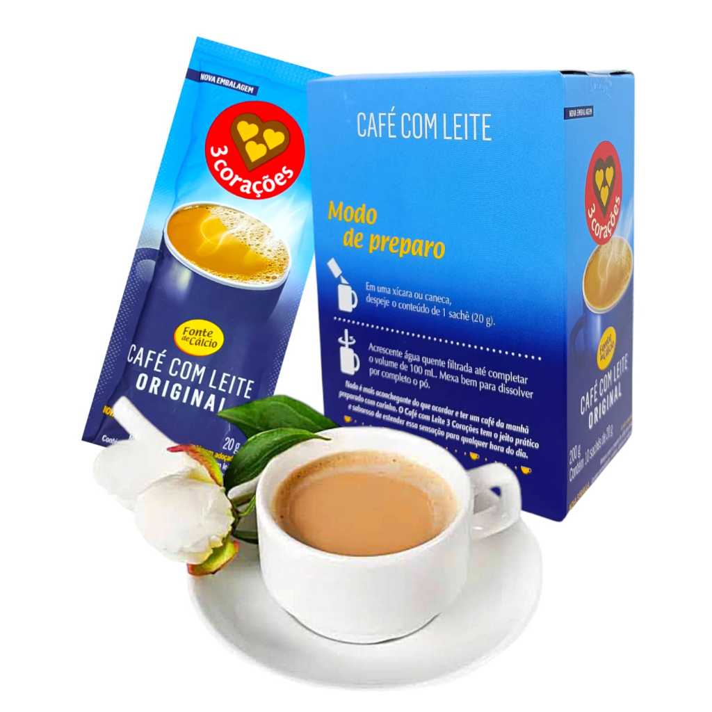 Café Com Leite Solúvel 3 Corações - Caixa 10 Und - 20g em Oferta na Shopee