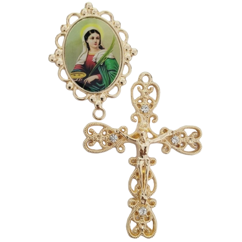 Entremeio de Santa Luzia dourado ou niquel com crucifixo terço de 4 strass para terço lindo