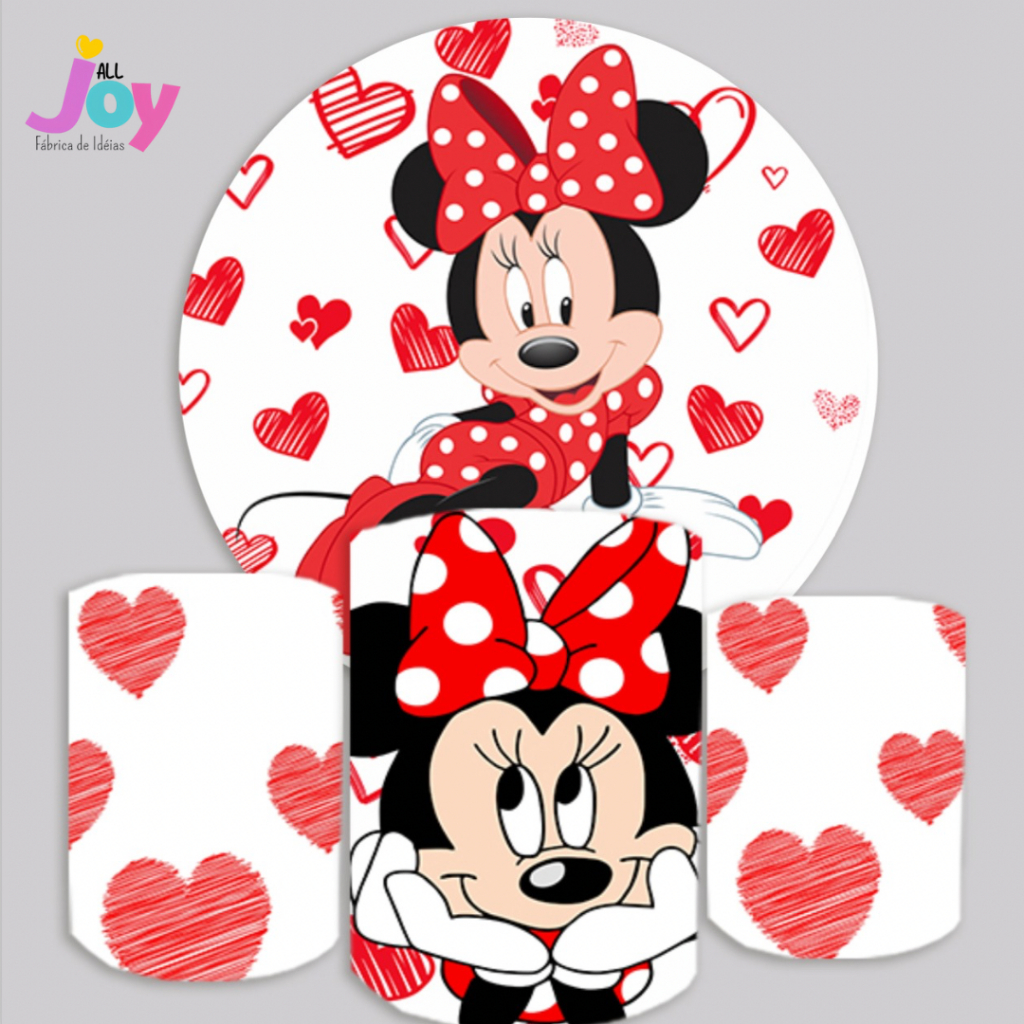 Kit Capas Painel Sublimado Cilindro Artigos de Festas Minnie Vermelha Coração