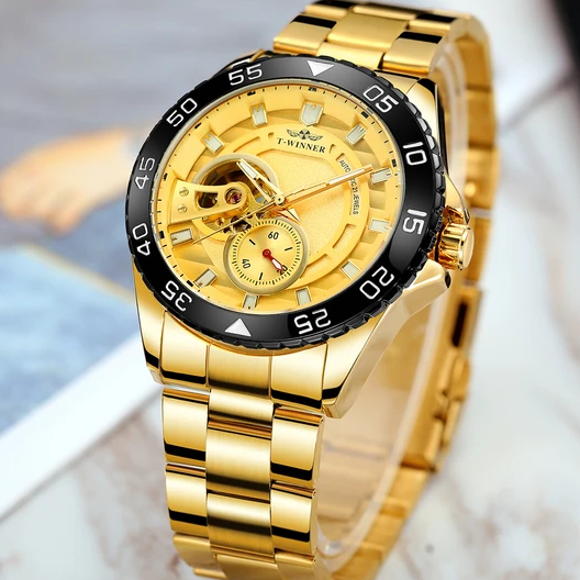 Relogio masculino original automatico dourado social inox aparece o maquinario analogico winner 337