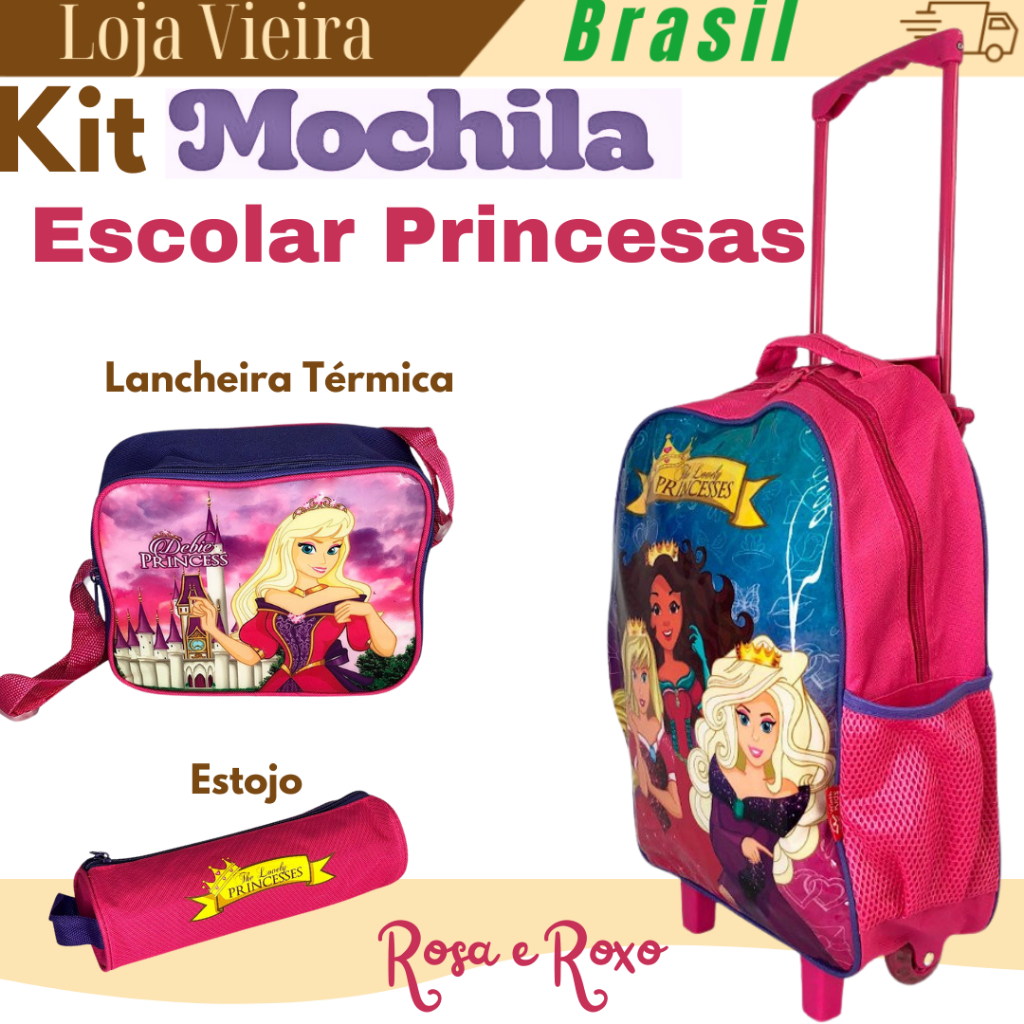 Kit Mochila Escolar Com Lancheira Térmica e Estojo Conjunto Infantil 3 peças Princesas Rosa/Roxo - Sortido
