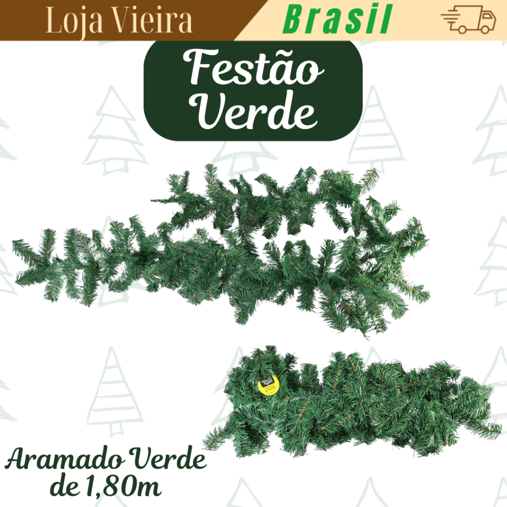 Festão Natalino Aramado Verde de 1,80 Metros Para Árvores de Natal e Guirlandas