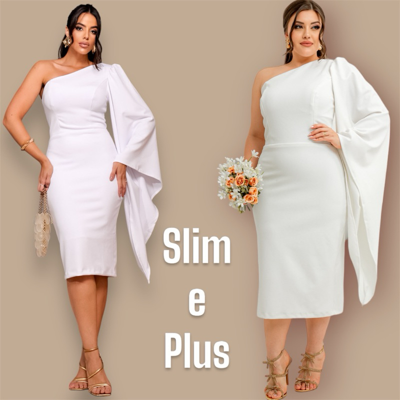Vestido Mula Manga Mídi Noiva Civil elegante SLIM - PLUS SIZE - civil / casamento / gestante / formatura