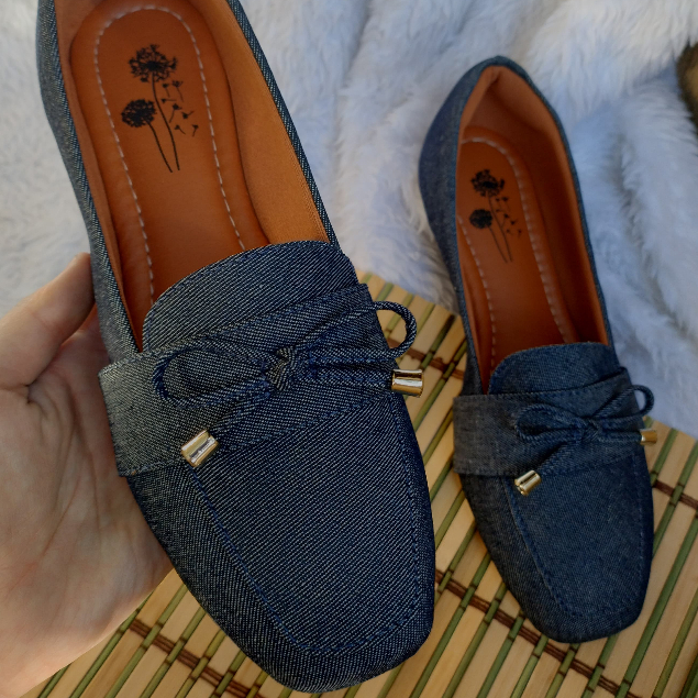 Mocassim bico quadrado jeans com laço CONFORT