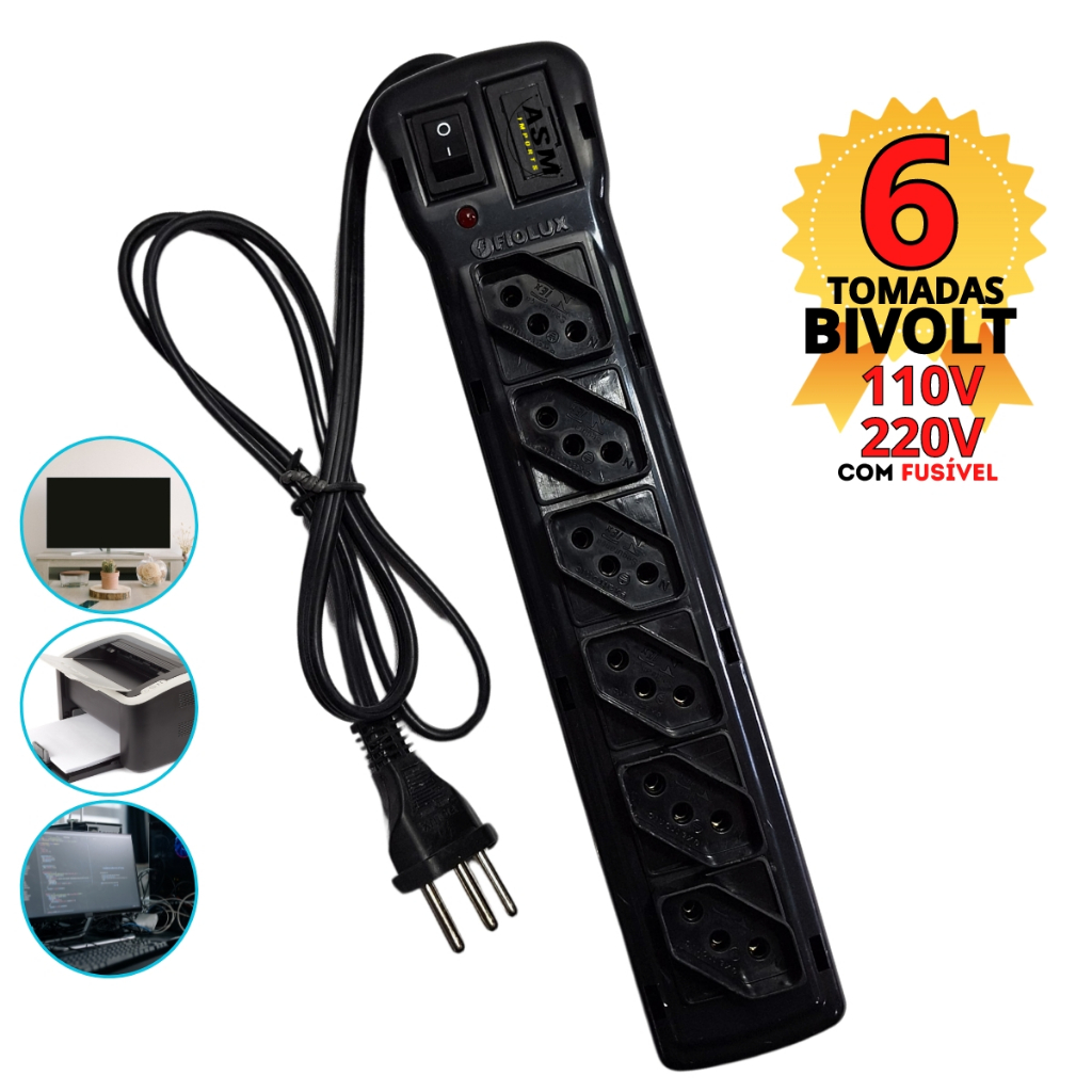 Filtro de Linha Bivolt 6Tomadas Regua Eletrica 6,8A 127/220v Fiolux Extensao eletrica 1metro de cabo
