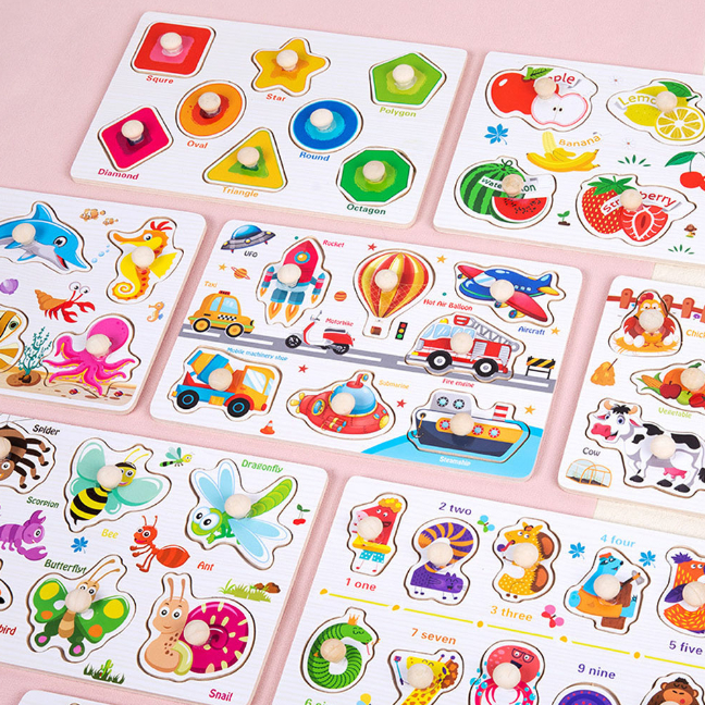 Brinquedo Encaixe Frutas Transporte Animais Madeira Quebra Cabeça Educativo Pedagógico Com Pinos MDF em Oferta na Shopee