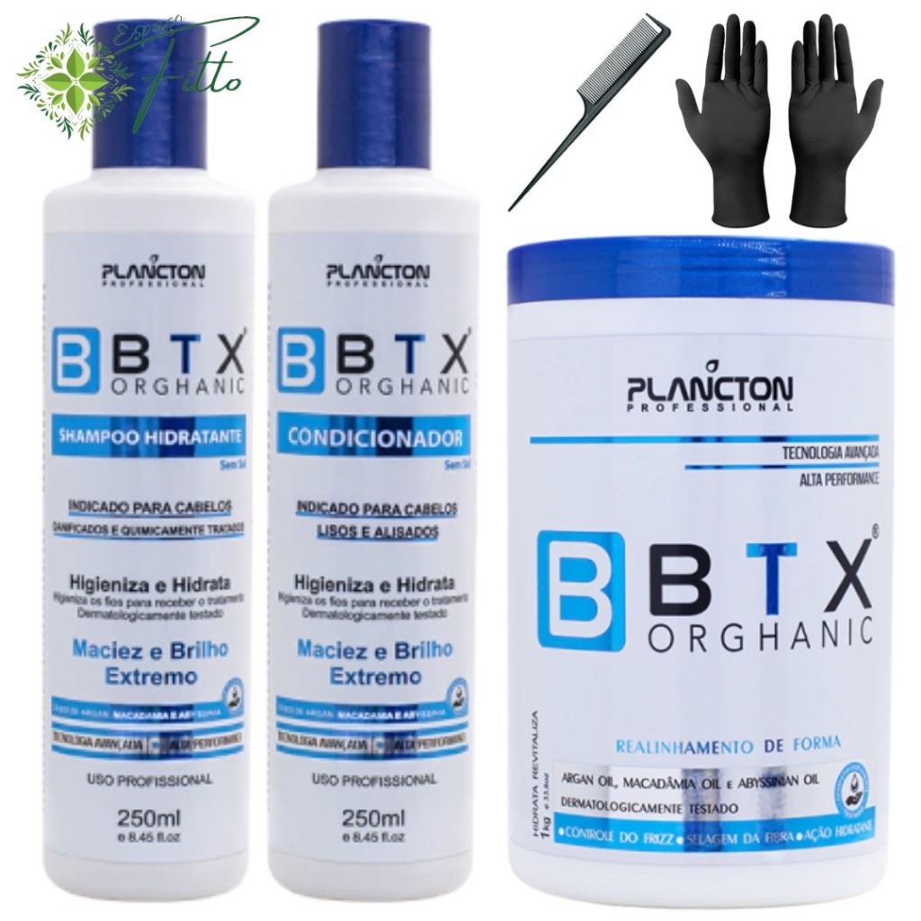 Kit 3 semanas + Btx Orghanic Sem Formol 1kg Plancton + Luvas + Pente