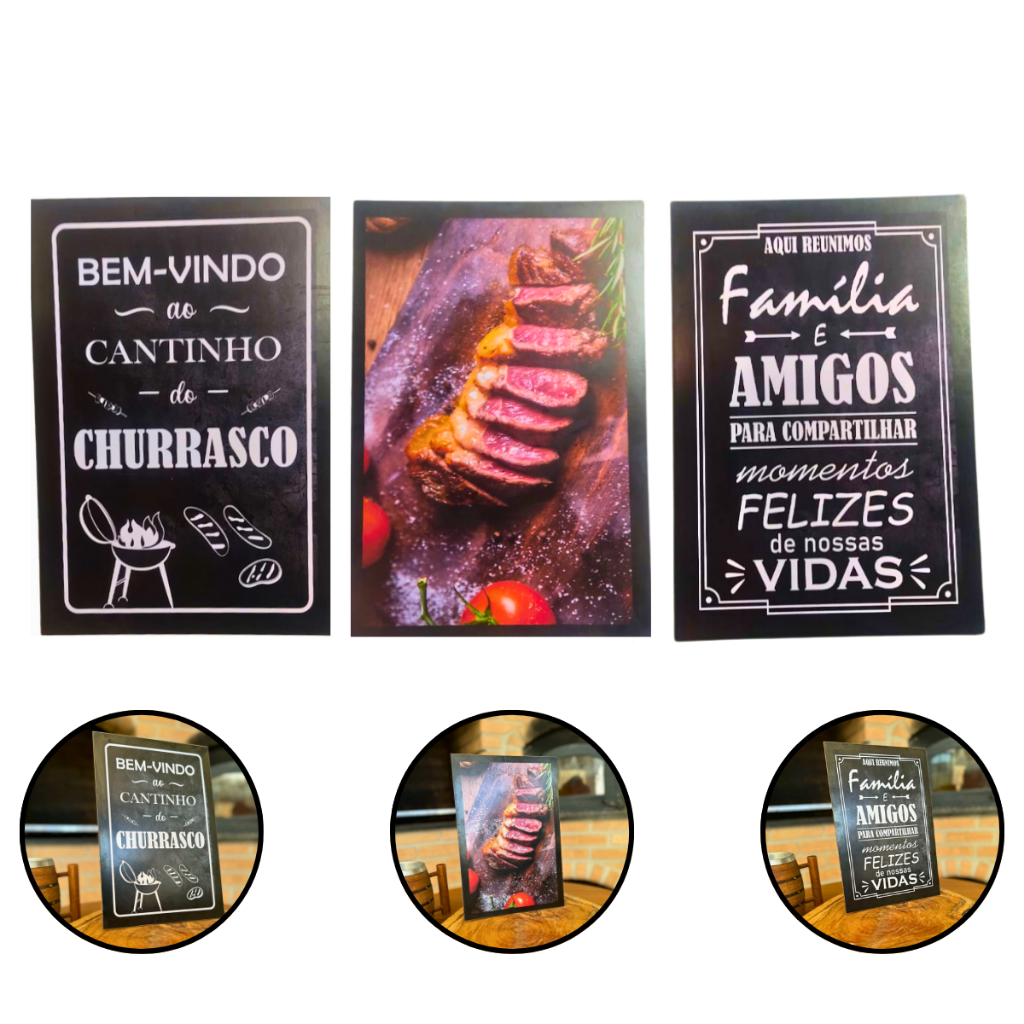 Kit 3 Peças Decorativas Área Gourmet - Placa MDF para Cantinho do Churrasco