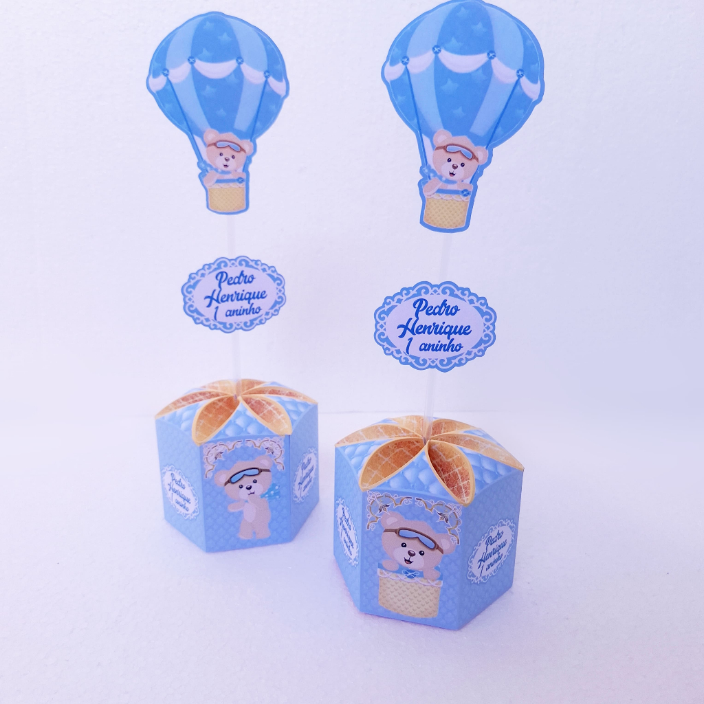 Centro de mesa sextavado Urso Ursinho Baloeiro, cachepô arranjo de mesa personalizado 10/15 unidades