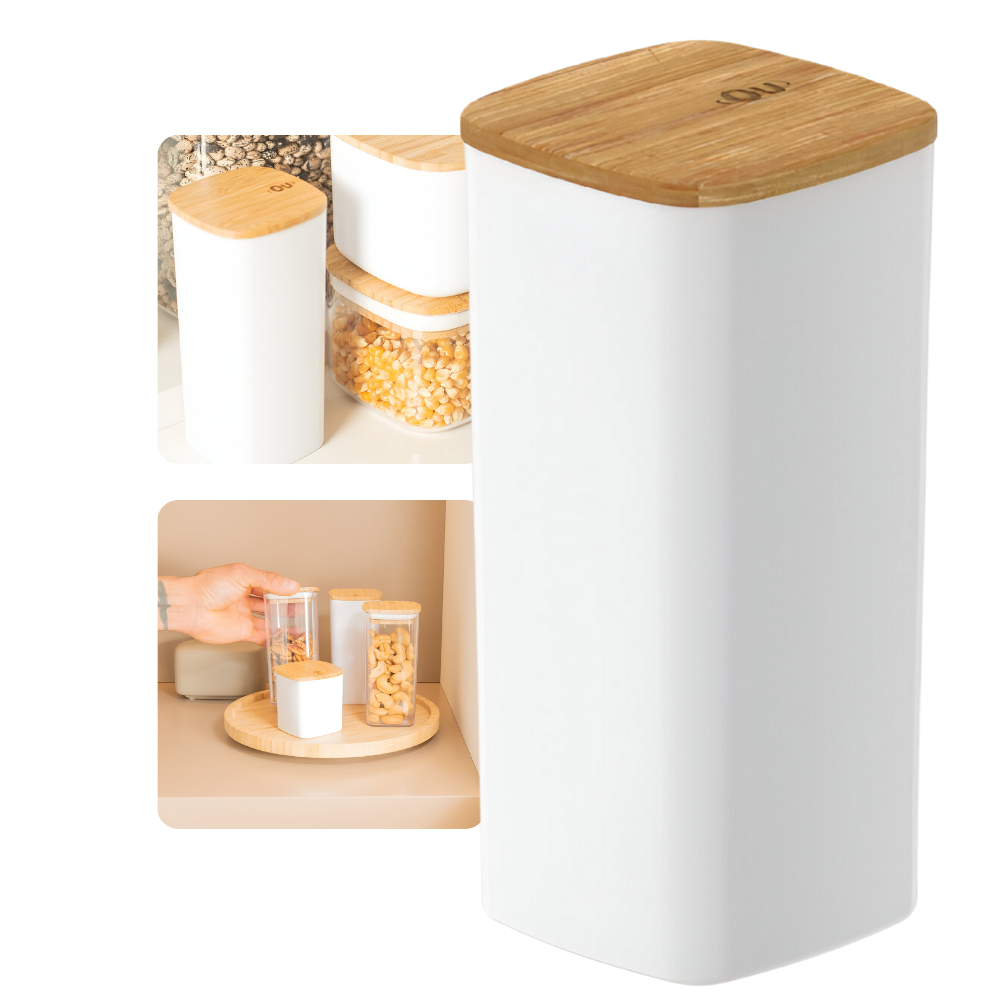 Pote Hermético Tampa de Bambu 340ml Quadrado Keep Ou Organização de Casa Cozinha Alimentos - Home & Living